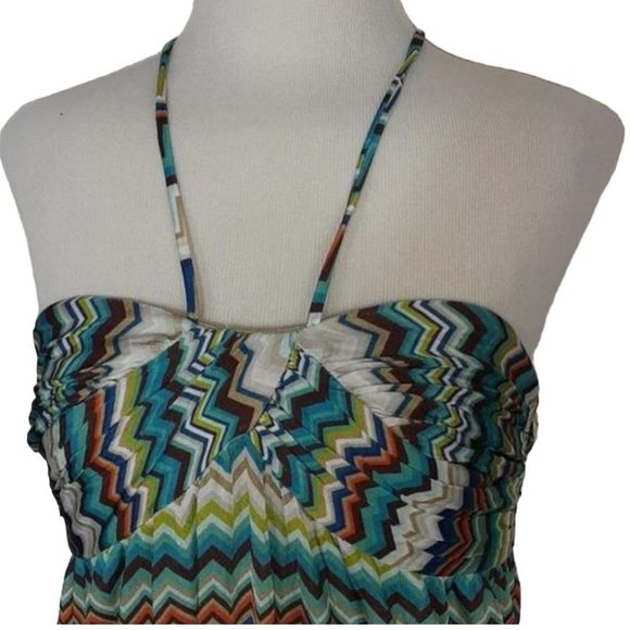 Trina Turk Ruched Sweetheart Halter Midi Dress | EUC | 6 | Blue Tan Multicolor - Picture 4 of 15